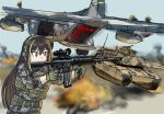  1girl aircraft alternate_costume assault_rifle blurry blurry_background brown_hair caterpillar_tracks day explosion girls&#039;_frontline gloves green_gloves gun holding holding_gun holding_weapon load_bearing_vest long_hair m1_abrams m4_carbine m4a1_(girls&#039;_frontline) machine_gun military military_uniform military_vehicle motor_vehicle multicolored_hair outdoors puffypau26 rifle scope sky solo streaked_hair tank transport_plane uniform weapon 