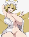  1girl absurdres animal_ears blonde_hair breasts fox_ears fox_tail get2_audio hat highres large_breasts navel no_bra no_panties open_clothes open_shirt shirt smile tail touhou white_shirt yakumo_ran yellow_eyes 