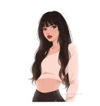  1girl artist_name black_hair black_shorts blunt_bangs bubblyfelicity close-up crop_top english_commentary eyelashes highres k-pop lisa_(blackpink) long_hair loose_hair_strand makeup mascara parted_lips real_life red_lips shorts simple_background solo upper_body white_background 