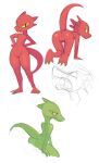 3_toes all_fours ambiguous_gender anthro anus claws feet female genitals green_body hi_res looking_at_viewer looking_back multiple_images navel nude open_mouth pussy raised_tail red_body scalie simple_background sketch smile solo standing tail teeth toes unknown_artist white_background yellow_eyes