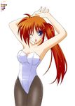  arms_up artist_request breasts cleavage leotard long_hair looking_at_viewer lyrical_nanoha mahou_shoujo_lyrical_nanoha_strikers medium_breasts one_eye_closed open_mouth pantyhose ponytail purple_eyes race_queen red_hair side_ponytail simple_background smile solo takamachi_nanoha white_background 