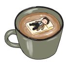  1boy brown_hair castiel closed_eyes coat coffee_cup cup diminuel disposable_cup floating full_body lying male_focus mini_person miniboy on_back simple_background solo supernatural_(tv_series) trench_coat white_background 
