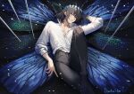  1boy absurdres arthropod_boy black_hair blue_eyes bug collared_shirt crown dankashu diamond_hairband dragonfly_wings fate/grand_order fate_(series) highres insect_wings long_sleeves looking_at_viewer male_focus medium_hair oberon_(fate) oberon_(third_ascension)_(fate) official_alternate_hair_color shirt solo white_shirt wings 