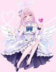  1girl :d black_footwear black_scrunchie blue_archive blue_bow blush bow breasts capelet commentary_request convenient_leg crescent dress feathered_wings frilled_dress frills halo hands_up heart highres long_hair looking_at_viewer medium_breasts mika_(blue_archive) pink_background pink_hair purple_eyes sakura_hiyori scrunchie shoes smile solo twitter_username very_long_hair white_capelet white_dress white_wings wings wrist_scrunchie 