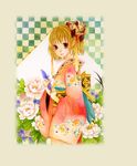  artist_request brown_eyes brown_hair checkered checkered_background chrysanthemum copyright_request earrings floral_print flower from_side furoshiki hair_ornament holding japanese_clothes jewelry kimono looking_at_viewer obi peony_(flower) sash short_hair solo 