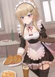  1girl absurdres ak74m_(girls&#039;_frontline) apron black_dress black_garter_straps black_thighhighs blonde_hair blue_eyes breasts detached_collar dress food frilled_apron frilled_dress frills garter_straps girls&#039;_frontline hair_ornament highres holding holding_plate holding_tray juliet_sleeves long_hair long_sleeves maid maid_apron maid_headdress medium_breasts neck_ribbon plate puffy_sleeves red_ribbon ribbon short_dress simobulanka smile snowflake_hair_ornament solo thighhighs tray waist_apron waitress white_apron 