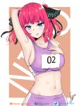  1girl :q arm_behind_head armpits black_ribbon blue_eyes blunt_bangs breasts butterfly_hair_ornament character_name english_commentary facebook_username go-toubun_no_hanayome hair_ornament large_breasts looking_at_viewer nakano_nino navel patreon_username pink_hair purple_shorts purple_sports_bra ribbon short_hair short_shorts shorts sideboob simple_background smile solo sports_bra syyn_(syyndev) tongue tongue_out track_uniform twitter_username two_side_up 