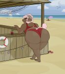 absurd_res anthro background_character beach beach_blanket beach_umbrella beverage big_butt bikini bra breasts brown_body butt butt_focus clothing cloud crispymutton curvy_figure decoration detailed_background eyes_closed female fur hi_res horn huge_butt huge_thighs hyper hyper_butt lifeguard_tower open_mouth overweight pacha_(crispymutton) parasol pink_body pink_fur pink_wool rear_view sand sea seashell shaded shadow shell side_boob sky slightly_chubby solo solo_focus swimwear tail thick_thighs trans_(lore) trans_woman_(lore) umbrella_drink underwear wall_(structure) water wide_hips wood wood_wall wool_(fur)