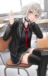  1girl absurdres ahoge blush breasts chair desk fate/grand_order fate_(series) grey_hair highres jeanne_d&#039;arc_alter_(avenger)_(fate) jeanne_d&#039;arc_alter_(fate) large_breasts long_sleeves looking_at_viewer nano_(syoutamho) open_mouth school_desk school_uniform short_hair skirt smile solo yellow_eyes 