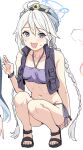  1girl :d ahoge bare_shoulders bikini blue_archive blue_eyes blush braid breasts character_request clearite halo hat looking_at_viewer navel purple_bikini sandals simple_background smile solo squatting swimsuit twin_braids vest white_background white_hair 