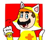  1boy animal_costume animal_ears blue_eyes brown_hair cat_boy cat_costume cat_ears cat_mario checking_watch facial_hair lowres mario mario_(series) mustache red_background super_mario_3d_world tail warriorgirl345 