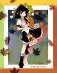 1girl absurdres autumn_leaves belt black_belt black_footwear black_hair black_ribbon black_skirt boots breasts brown_footwear brown_skirt closed_mouth collared_shirt commentary_request falling_leaves frilled_skirt frills full_body geta happy hat highres holding holding_notebook holding_pen leaf leaf_print monodoku neck_ribbon nib_pen_(object) notebook pen pointy_ears pom_pom_(clothes) puffy_sleeves red_eyes red_hat ribbon ribbon-trimmed_socks shameimaru_aya shirt short_hair skirt small_breasts smile socks solo standing tengu-geta tokin_hat touhou white_shirt white_socks zun_(style) 