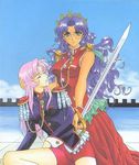  aiguillette artist_request blue_hair dress epaulettes green_eyes himemiya_anthy jpeg_artifacts multiple_girls pink_hair red_dress role_reversal shoujo_kakumei_utena sword tenjou_utena weapon 