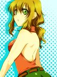  :o bare_shoulders belt brown_hair christina_sierra green_eyes gundam gundam_00 halter_top halterneck hio_(artist) long_hair looking_back lowres open_mouth shoulder_blades sleeveless solo wavy_hair 