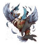 3_toes anthro armor avian avian_feet beak black_feet blue_body breath_of_the_wild clothed clothing feathers feet flying foot_focus jewelry kredri male nintendo revali rito simple_background smile soles solo spread_wings talons the_legend_of_zelda toes wings wrinkles