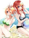  ;) ball beachball bikini black_bikini blue_eyes breasts cleavage collarbone commentary_request go-toubun_no_hanayome green_bikini hair_ornament hairband highres holding holding_ball holding_beachball knees_up large_breasts long_hair looking_at_viewer nakamura_yoru nakano_itsuki nakano_yotsuba ocean one_eye_closed orange_hair partially_submerged red_hair seiza short_hair siblings sisters sitting smile star_(symbol) star_hair_ornament swimsuit twins white_background white_hairband 