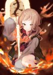  1girl blonde_hair contemporary eyes_visible_through_hair fire hand_on_ground highres hood hoodie jacket little_red_riding_hood_(sinoalice) long_hair looking_at_viewer open_clothes open_jacket orange_eyes padded_coat shoes shovel sinoalice sleeves_past_wrists sneakers solo thiana0225 tsurime unzipped 