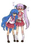  :o aizawa_yoshihiko blue_hair blush green_eyes hiiragi_kagami izumi_konata lavender_hair leaning_forward long_hair lucky_star multiple_girls pink_neckwear pleated_skirt purple_eyes ryouou_school_uniform school_uniform serafuku simple_background skirt twintails very_long_hair white_background 