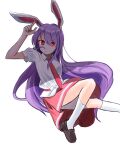  1girl animal_ears brown_footwear collared_shirt floating highres index_finger_raised long_hair looking_at_viewer necktie pink_necktie purple_hair rabbit_ears red_eyes reisen_udongein_inaba shiozuke shirt socks solo touhou very_long_hair white_background white_shirt white_socks 