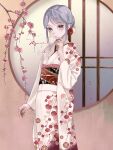 1girl blush commentary_request commission enahamaru floral_print flower green_eyes grey_hair hair_flower hair_ornament highres japanese_clothes kimono looking_at_viewer obi original sash short_hair sidelocks smile solo window 