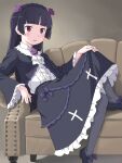 1girl black_hair black_skirt blush commentary_request couch flower gokou_ruri hair_flower hair_ornament highres long_hair long_sleeves looking_at_viewer meow_(nekodenki) mole mole_under_eye on_couch ore_no_imouto_ga_konna_ni_kawaii_wake_ga_nai red_eyes skirt solo 