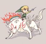  1boy amaterasu_(ookami) blonde_hair crossover full_body gari_osushi green_hat green_shirt grey_background holding holding_baton holding_shield link ookami_(game) pointy_hat shield shirt short_hair simple_background the_legend_of_zelda the_legend_of_zelda:_the_wind_waker toon_link white_wolf wind_waker_(object) 