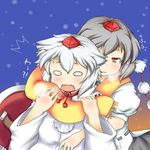  albino hat inubashiri_momiji konata_gazel multiple_girls red_eyes scarf shameimaru_aya shared_scarf snowing touhou white_hair 