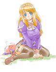  :3 blob blonde_hair blue_eyes blush breasts covered_nipples grass huge_breasts poring priest priest_(ragnarok_online) ragnarok_online slime solo thighhighs tsuutenkaaku 