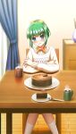  1girl blue_eyes blunt_bangs blush bow cake cake_slice coffee crossed_arms curtains doukyuusei_another_world embarrassed food fork game_cg green_hair hair_bow head_tilt iijima_miyuki indoors kakyuusei kneehighs long_sleeves looking_at_viewer official_art ponytail short_hair sitting socks solo sweater table white_socks yellow_bow yellow_sweater 