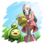  1girl beanie black_hair boots budew closed_mouth coat commentary_request dawn_(pokemon) day eyelashes grey_eyes hair_ornament hairclip hat highres holding long_hair long_sleeves looking_down mayagi_(mayagi61) outdoors over-kneehighs pink_footwear pokemon pokemon_(creature) pokemon_dppt pokemon_platinum scarf sidelocks sky smile thighhighs watering watering_can white_hat white_scarf 