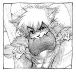 anthro detailed_background eating fangs felid feline fur graphite_(artwork) greyscale hair kemono looking_at_viewer male mammal marudi meat_on_bone monochrome muscular muscular_anthro muscular_male pencil_(artwork) solo teeth traditional_media_(artwork)