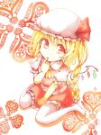  1girl ascot blonde_hair crystal_wings dress flandre_scarlet from_above full_body hat looking_at_viewer mob_cap omizu_chihiro red_dress red_eyes side_ponytail simple_background sitting socks solo touhou wariza white_background yellow_ascot 