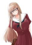  1girl bag black-framed_eyewear black_neckerchief blush breasts furen_e_lustario furen_e_lustario_(school_uniform) glasses half-closed_eyes highres large_breasts leaning_to_the_side long_hair looking_at_viewer neckerchief nijisanji official_alternate_hairstyle pleated_skirt red_eyes red_serafuku red_shirt red_skirt sailor_collar school_bag school_uniform sei_no_ji serafuku shirt short_sleeves simple_background skirt smile solo very_long_hair virtual_youtuber white_background white_sailor_collar 