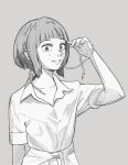  1girl arm_at_side blunt_bangs bob_cut boku_no_hero_academia clothes_around_waist collarbone collared_shirt commentary dress_shirt earplugs english_commentary facepaint grey_background greyscale hand_up highres jirou_kyouka long_earlobes looking_at_viewer monochrome parted_lips shirt shirt_around_waist short_hair short_sleeves simple_background smaragdus smile solo standing upper_body 