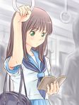  armpit_hair bag book brown_hair bucho copyright_request green_eyes hand_grip long_hair reading school_uniform serafuku shoulder_bag train_interior 