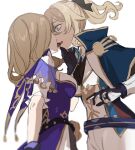  2girls absurdres belt black_belt black_bow black_gloves black_shirt blonde_hair blue_belt blue_capelet blue_eyes bow breasts candy capelet chocolate dress food food_in_mouth genshin_impact gloves hair_between_eyes hair_bow hand_on_another&#039;s_face hand_up highres jacket jean_(genshin_impact) light_brown_hair lisa_(genshin_impact) long_hair long_sleeves looking_at_another medium_breasts medium_hair multiple_girls open_mouth pants ponytail purple_dress shirt short_sleeves sidelocks simple_background standing surprised two-tone_dress two-tone_gloves white_background white_dress white_gloves white_jacket white_pants yamabuki0211 yuri 