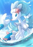  beads blue_body blue_eyes blue_theme breasts busty_feral cool_colors featureless_breasts female feral generation_7_pokemon hair_beads hi_res medium_breasts nintendo partially_submerged pokemon pokemon_(species) primarina rumine smile solo white_body 