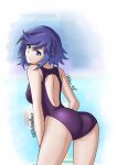  1girl absurdres artist_name ass blue_eyes blue_hair breasts frown fujisaki_kotone hand_on_leg highres inktober jspictureplace keijo!!!!!!!! looking_at_viewer looking_back one-piece_swimsuit pool poolside purple_one-piece_swimsuit swimsuit thighs twitter_username 
