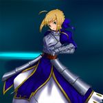  ahoge armor armored_dress artoria_pendragon_(all) bangs belt blonde_hair blue_bow blue_dress bow cowboy_shot dress fate/stay_night fate_(series) faulds gauntlets glowing glowing_sword glowing_weapon green_eyes hair_bow head_tilt holding holding_sword holding_weapon juliet_sleeves long_sleeves looking_at_viewer puffy_sleeves rokuichi saber short_hair solo standing sword unsheathed weapon 
