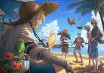  5boys abs animal_on_shoulder barefoot beach bedivere_(fate) bird bird_on_shoulder black_male_swimwear black_shirt black_wristband blonde_hair blue_male_swimwear blue_sky cherry chicken closed_eyes closed_mouth cloud contrail cumulonimbus_cloud cup drink drinking_glass fate/grand_order fate_(series) flower food footprints fruit gawain_(fate) green_eyes grey_hair hand_up hat hawaiian_shirt hibiscus highres holding holding_cup holding_removed_eyewear hurricane_glass ice ice_cube jewelry lancelot_(fate/grand_order) lemon lemon_slice long_hair looking_at_another low_twintails male_focus male_swimwear mujou_(mjoysk) multiple_boys necklace ocean official_alternate_costume open_clothes open_mouth open_shirt orange-tinted_eyewear outdoors palm_tree percival_(fate) ponytail_holder print_shirt prosthesis prosthetic_arm purple_hair red_flower red_hair red_male_swimwear shade shirt short_hair short_sleeves sitting sky sleeves_pushed_up smile standing straw_hat sunglasses sweatdrop swim_trunks tan tinted_eyewear topless_male tree tristan_(fate) twintails unworn_eyewear white_shirt 