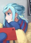  1boy aqua_eyes aqua_hair blue_mittens blue_scarf blurry blurry_background commentary_request earrings eyelashes grusha_(pokemon) highres holding holding_tablet_pc jacket jewelry long_sleeves looking_to_the_side male_focus mittens open_mouth pokemon pokemon_sv scarf signature solo striped_clothes striped_scarf tablet_pc upper_body yellow_jacket yuu_(hguy_sv) 