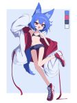  1girl :d absurdres animal_ear_fluff animal_ears arm_at_side arm_up armpits bikini blue_hair child color_guide fox_ears fox_girl fox_tail full_body highres jacket leg_up looking_at_viewer miya_(myakuro) myakuro off_shoulder open_mouth original red_eyes shoes short_hair short_shorts shorts slit_pupils smile sneakers solo standing standing_on_one_leg string_bikini swimsuit tail thigh_gap white_jacket 