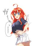  10mo17 1girl absurdres ahoge black_panties black_shirt blue_eyes blue_neckerchief blush breasts commentary_request dressing embarrassed from_side go-toubun_no_hanayome hair_ornament highres large_breasts long_hair looking_at_viewer looking_to_the_side midriff nakano_itsuki navel neckerchief open_clothes open_mouth open_skirt panties panty_peek red_hair school_uniform shirt shirt_overhang skirt solo speech_bubble star_(symbol) star_hair_ornament translation_request undersized_clothes underwear white_background white_skirt 