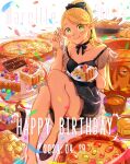  1girl anezu birthday birthday_cake black_camisole black_dress black_footwear black_ribbon blonde_hair bowl cake cake_slice camisole character_name cheese chicken_(food) coin commentary confetti dated dress dryad_fruit_(dungeon_meshi) dungeon_meshi eating elf food fork frilled_camisole frills fruit green_eyes happy_birthday holding holding_fork holding_plate light_blush long_hair looking_at_viewer marcille_donato omelet pizza plate pointy_ears ponytail puffy_cheeks ribbon simple_background sitting smile sorbet_(food) soup strawberry swept_bangs tart_(food) treasure_bug_(dungeon_meshi) vegetable very_long_hair white_background 