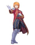  1boy absurdres alternate_hair_length alternate_hairstyle armor belt ferdinand_von_aegir fire_emblem fire_emblem:_three_houses full_body gloves gold_trim greaves grimmelsdathird hair_between_eyes highres male_focus medium_hair orange_eyes orange_hair simple_background solo standing teeth upper_teeth_only white_background white_gloves 