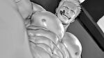  1boy abs bara cigar completely_nude fumio_(snnmfmw) greyscale large_pectorals looking_at_viewer male_focus monochrome muscular muscular_male navel nipples nude one_piece pectorals short_hair smoker_(one_piece) solo teeth unfinished 