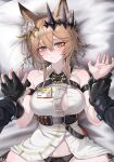  1girl 1other absurdres androgynous animal_ear_fluff animal_ears arknights bare_shoulders black_gloves black_panties blush breasts brown_eyes button_gap cat_ears chest_harness closed_mouth commentary doctor_(arknights) dress flower gloves hair_flower hair_ornament harness head_on_pillow hetero highres holding_another&#039;s_wrist holding_hands id_card large_breasts light_brown_hair looking_at_viewer lying mildt on_back panties pov short_hair_with_long_locks sidelocks sleeveless sleeveless_dress slit_pupils twitter_username underbust underwear vendela_(arknights) white_dress 