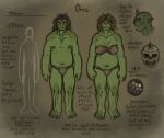 bald black_sclera bone brown_hair clothing duo english_text fantasy female green_body green_skin hair hi_res horn humanoid humanoid_pointy_ears male model_sheet muscular open_mouth orc red_eyes skull slightly_chubby species_sheet taraelblackwing text tusks underwear yellow_eyes