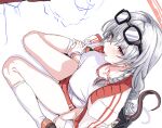  1girl blue_archive blush braid breasts buruma candy clearite eyewear_on_head food glasses grey_hair gym_uniform haruna_(blue_archive) haruna_(track)_(blue_archive) kneehighs long_hair looking_at_viewer sitting smile socks solo tail tongue tongue_out wariza white_socks wings 