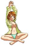  ahoge bad_feet bare_legs barefoot full_body green_panties indian_style md5_mismatch my-hime navel no_bra no_pants one_eye_closed open_clothes open_shirt orange_hair pajamas panties purple_eyes shirt simple_background sitting solo spread_legs stretch teardrop tokiha_mai underwear white_background wince yakibuta yellow_shirt 